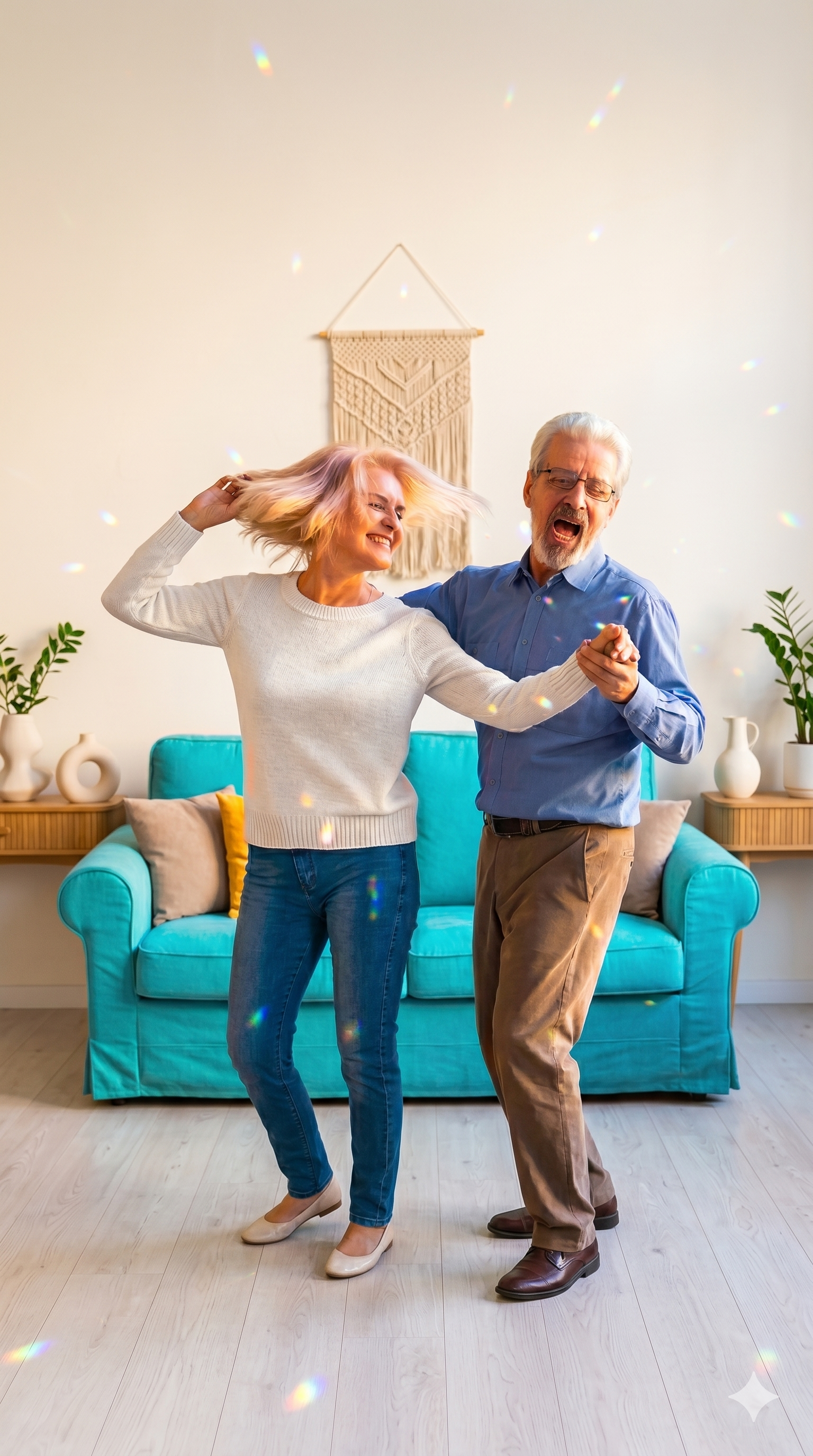 Pareja de adultos mayores bailando felices en su sala
