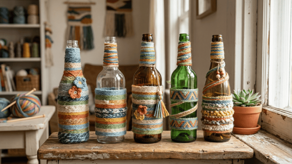 Botellas decoradas con lana residual