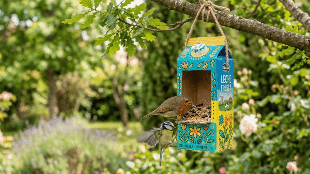 Comederos para pájaros con cartones de leche