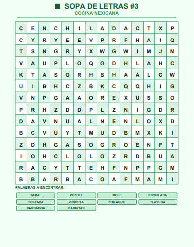 sopas de letras cocina mexicana